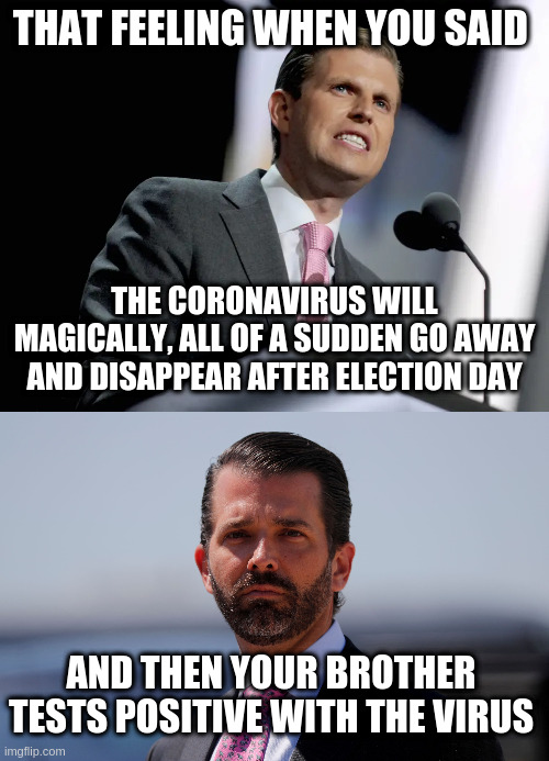 That feeling would be called humility if any of you weren't so shameless | THAT FEELING WHEN YOU SAID; THE CORONAVIRUS WILL MAGICALLY, ALL OF A SUDDEN GO AWAY AND DISAPPEAR AFTER ELECTION DAY; AND THEN YOUR BROTHER TESTS POSITIVE WITH THE VIRUS | image tagged in eric trump,donald trump jr,humor,coronavirus,election 2020,oops | made w/ Imgflip meme maker
