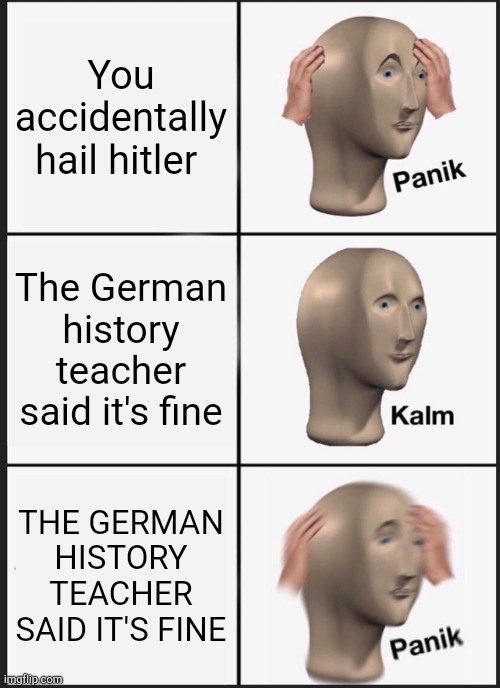 Umm | You accidentally hail hitler; The German history teacher said it's fine; THE GERMAN HISTORY TEACHER SAID IT'S FINE | image tagged in memes,panik kalm panik | made w/ Imgflip meme maker