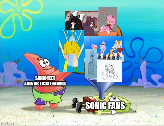 Patrick Holding a collection of gross feet fanart of Sonic The Hedgehog! | SONIC FEET AND/OR TICKLE FANART; SONIC FANS | image tagged in spongebob pumpkin funnel,cringe,patrick star cringing,spongebob,sonic the hedgehog,crossover | made w/ Imgflip meme maker