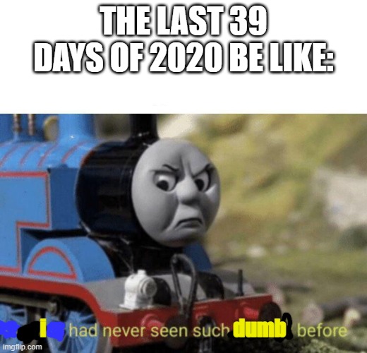 2020 be like | THE LAST 39 DAYS OF 2020 BE LIKE:; i                                               dumb | image tagged in i had never seen such dumb before | made w/ Imgflip meme maker