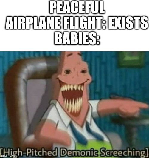 PEACEFUL AIRPLANE FLIGHT: EXISTS
BABIES: | image tagged in blank white template,baby,high-pitched demonic screeching,airplane | made w/ Imgflip meme maker