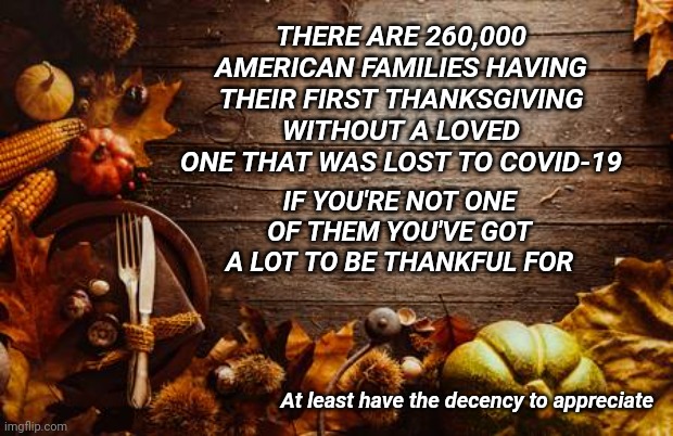 T h a n k f u l | THERE ARE 260,000 AMERICAN FAMILIES HAVING THEIR FIRST THANKSGIVING WITHOUT A LOVED ONE THAT WAS LOST TO COVID-19; IF YOU'RE NOT ONE OF THEM YOU'VE GOT A LOT TO BE THANKFUL FOR; At least have the decency to appreciate | image tagged in happy thanksgiving,memes,thanksgiving,covid-19,coronavirus,appreciation | made w/ Imgflip meme maker