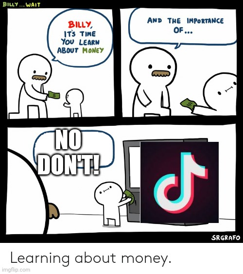 Billy Learning About Money | NO DON'T! | image tagged in billy learning about money,tiktok,tik tok,tiktok sucks | made w/ Imgflip meme maker