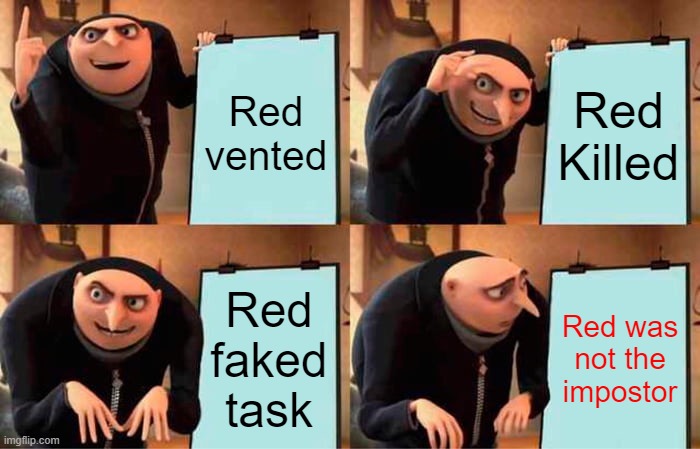 Gru's Plan Meme | Red vented; Red Killed; Red faked task; Red was not the impostor | image tagged in memes,gru's plan,among us,relatable | made w/ Imgflip meme maker