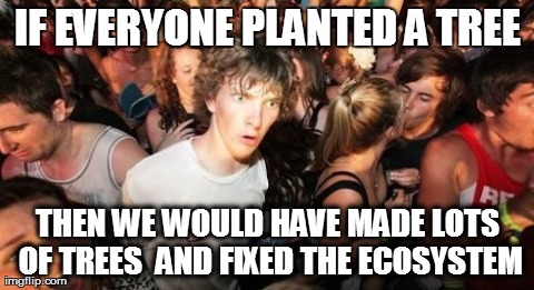 Sudden Clarity Clarence Meme | IF EVERYONE PLANTED A TREE THEN WE WOULD HAVE MADE LOTS OF TREES 
AND FIXED THE ECOSYSTEM | image tagged in memes,sudden clarity clarence | made w/ Imgflip meme maker