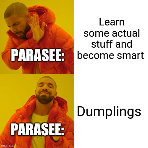 Yes | Learn some actual stuff and become smart; PARASEE:; Dumplings; PARASEE: | image tagged in memes,drake hotline bling | made w/ Imgflip meme maker