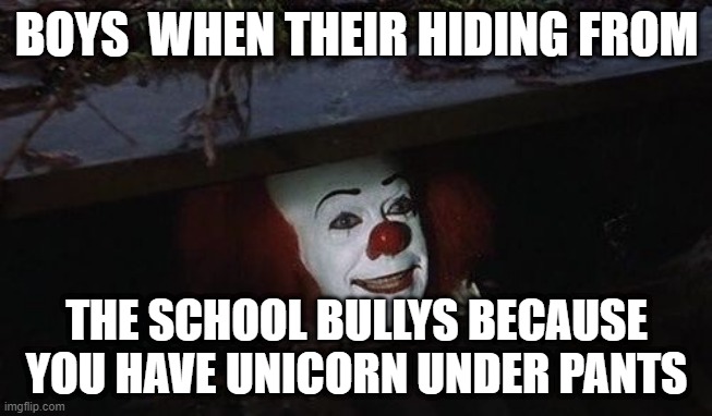 Penny wise | BOYS  WHEN THEIR HIDING FROM; THE SCHOOL BULLYS BECAUSE YOU HAVE UNICORN UNDER PANTS | image tagged in penny wise | made w/ Imgflip meme maker