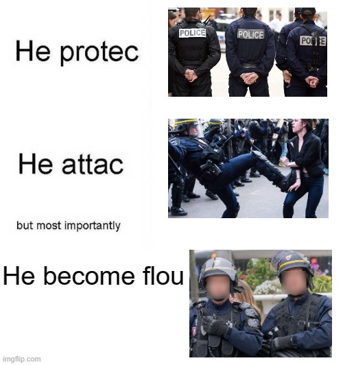 He protec he attac but most importantly | He become flou | image tagged in he protec he attac but most importantly | made w/ Imgflip meme maker