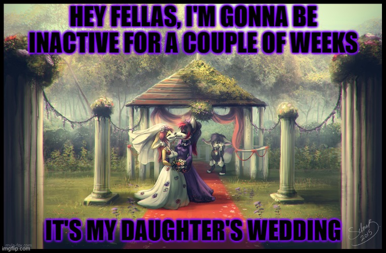 I will absolutely NOT cry! probably... Maybe...    God, I'm so proud TwT | HEY FELLAS, I'M GONNA BE INACTIVE FOR A COUPLE OF WEEKS; IT'S MY DAUGHTER'S WEDDING | image tagged in wedding,proud | made w/ Imgflip meme maker