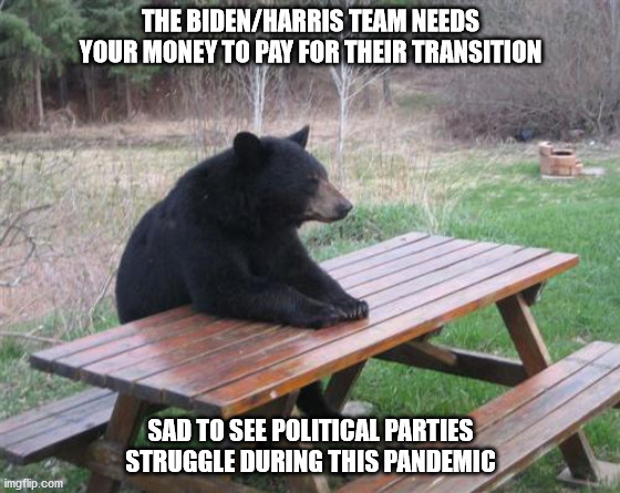 Sad To See | THE BIDEN/HARRIS TEAM NEEDS YOUR MONEY TO PAY FOR THEIR TRANSITION; SAD TO SEE POLITICAL PARTIES STRUGGLE DURING THIS PANDEMIC | image tagged in joe biden,kamala harris,politics | made w/ Imgflip meme maker