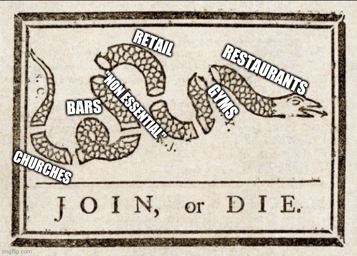 Join or Die lockdowns | RETAIL; RESTAURANTS; BARS; GYMS; "NON ESSENTIAL"; CHURCHES | image tagged in join or die | made w/ Imgflip meme maker