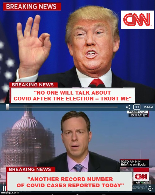 Trump Liar in Chief | "NO ONE WILL TALK ABOUT COVID AFTER THE ELECTION -- TRUST ME"; "ANOTHER RECORD NUMBER OF COVID CASES REPORTED TODAY" | image tagged in cnn spins trump news | made w/ Imgflip meme maker