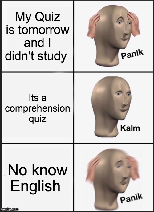 PANIK | My Quiz is tomorrow and I didn't study; Its a comprehension quiz; No know English | image tagged in memes,panik kalm panik | made w/ Imgflip meme maker