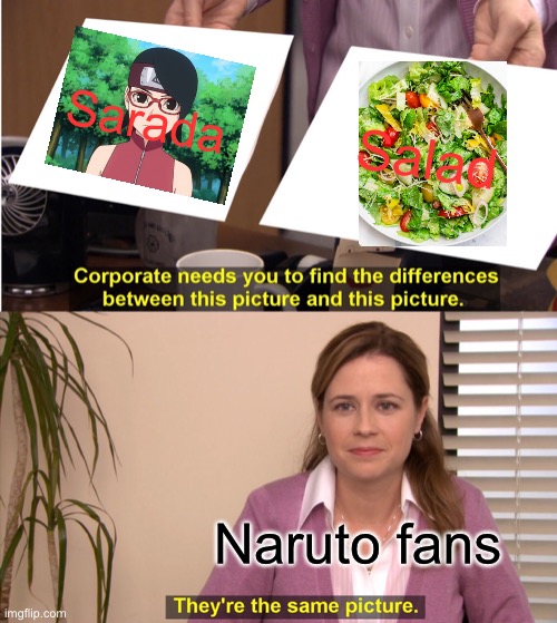Sarada the salad | Sarada; Salad; Naruto fans | image tagged in memes,they're the same picture | made w/ Imgflip meme maker
