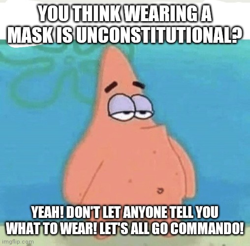No clothes!! | YOU THINK WEARING A MASK IS UNCONSTITUTIONAL? YEAH! DON'T LET ANYONE TELL YOU WHAT TO WEAR! LET'S ALL GO COMMANDO! | image tagged in naked pat pat,funny,masks | made w/ Imgflip meme maker