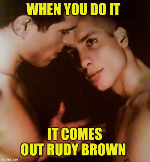 Gay Men | WHEN YOU DO IT IT COMES OUT RUDY BROWN | image tagged in gay men | made w/ Imgflip meme maker