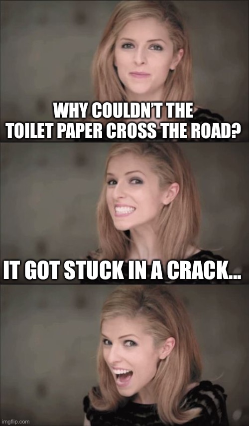 Bad Pun Anna Kendrick Meme | WHY COULDN’T THE TOILET PAPER CROSS THE ROAD? IT GOT STUCK IN A CRACK... | image tagged in memes,bad pun anna kendrick | made w/ Imgflip meme maker