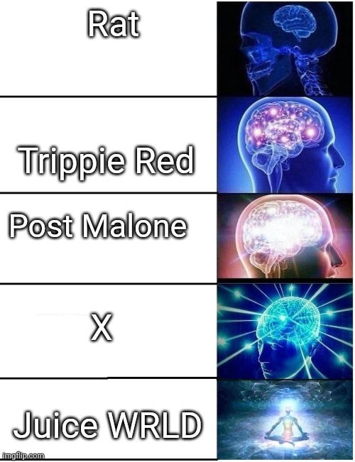 The 5 Rap Bosses | Rat; Trippie Red; Post Malone; X; Juice WRLD | image tagged in expanding brain 5 panel | made w/ Imgflip meme maker