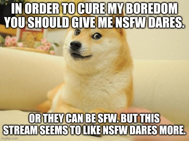 Just dare me. | IN ORDER TO CURE MY BOREDOM YOU SHOULD GIVE ME NSFW DARES. OR THEY CAN BE SFW. BUT THIS STREAM SEEMS TO LIKE NSFW DARES MORE. | image tagged in memes,doge 2 | made w/ Imgflip meme maker