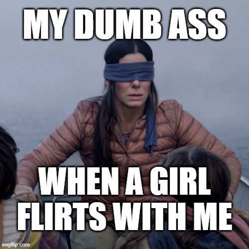 oblivious to flirting | MY DUMB ASS; WHEN A GIRL FLIRTS WITH ME | image tagged in memes,bird box | made w/ Imgflip meme maker
