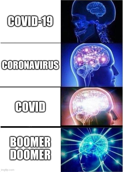 Covid names | COVID-19; CORONAVIRUS; COVID; BOOMER DOOMER | image tagged in memes,expanding brain | made w/ Imgflip meme maker