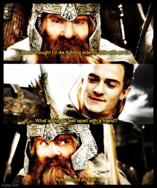 LOTR - Side by Side with a Friend | Never thought I’d die fighting side by side with an Elf. What about six feet apart with a friend? Aye, I could do that. | image tagged in lotr - side by side with a friend | made w/ Imgflip meme maker