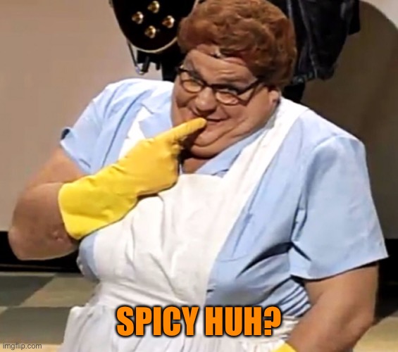 lunch lady | SPICY HUH? | image tagged in lunch lady | made w/ Imgflip meme maker