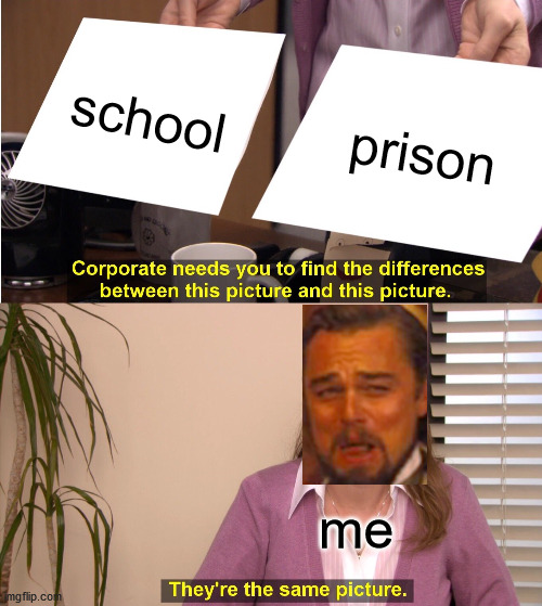its the same every day | school; prison; me | image tagged in memes,they're the same picture | made w/ Imgflip meme maker