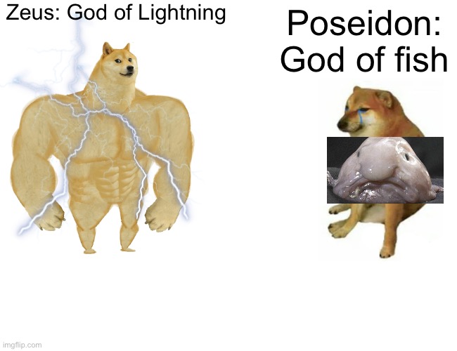 Sad Poseidon | Zeus: God of Lightning; Poseidon: God of fish | image tagged in memes,buff doge vs cheems | made w/ Imgflip meme maker