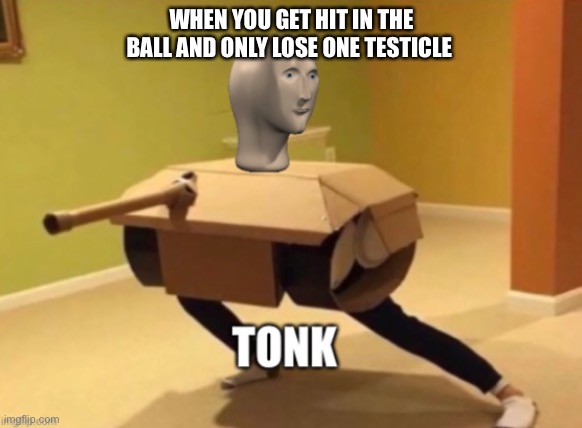 Tonk | WHEN YOU GET HIT IN THE BALL AND ONLY LOSE ONE TESTICLE | image tagged in tonk | made w/ Imgflip meme maker
