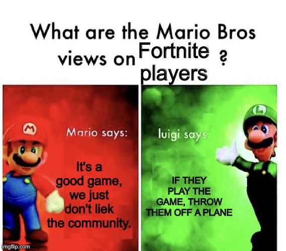 forfnit | Fortnite players; It's a good game, we just don't liek the community. IF THEY PLAY THE GAME, THROW THEM OFF A PLANE | image tagged in mario bros views,memes | made w/ Imgflip meme maker