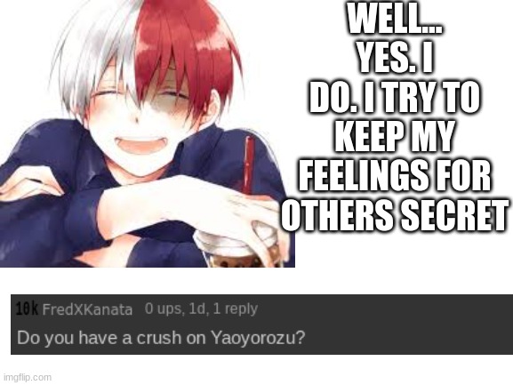 Shoutout to FredXKatana! | WELL... YES. I DO. I TRY TO KEEP MY FEELINGS FOR OTHERS SECRET | image tagged in todoroki | made w/ Imgflip meme maker