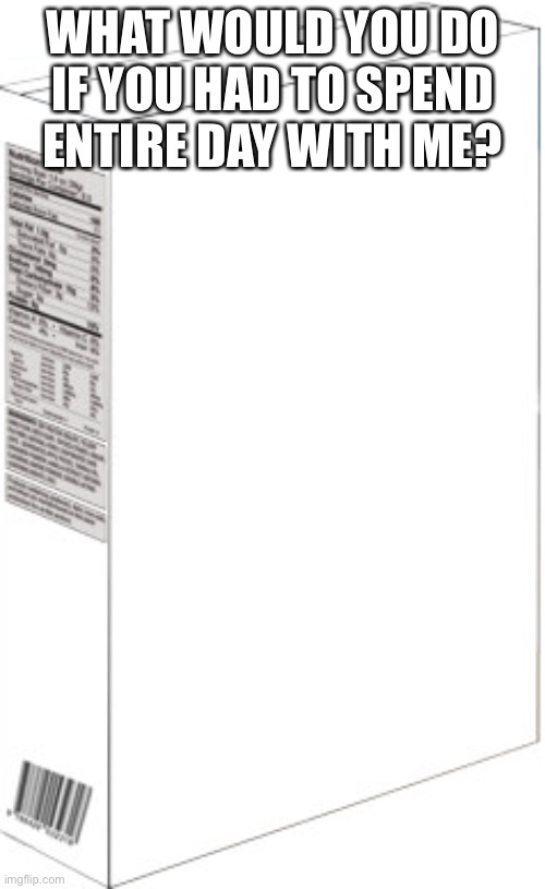 Blank cereal box | WHAT WOULD YOU DO IF YOU HAD TO SPEND ENTIRE DAY WITH ME? | image tagged in blank cereal box | made w/ Imgflip meme maker