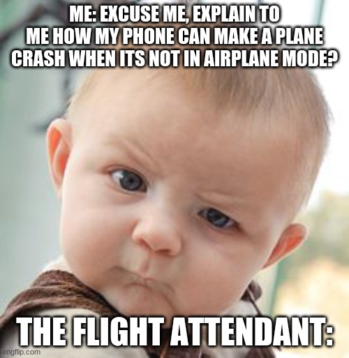 Skeptical Baby Meme | ME: EXCUSE ME, EXPLAIN TO ME HOW MY PHONE CAN MAKE A PLANE CRASH WHEN ITS NOT IN AIRPLANE MODE? THE FLIGHT ATTENDANT: | image tagged in memes,skeptical baby | made w/ Imgflip meme maker