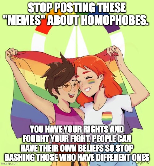 Guys just stop | STOP POSTING THESE "MEMES" ABOUT HOMOPHOBES. YOU HAVE YOUR RIGHTS AND FOUGHT YOUR FIGHT. PEOPLE CAN HAVE THEIR OWN BELIEFS SO STOP BASHING THOSE WHO HAVE DIFFERENT ONES | made w/ Imgflip meme maker