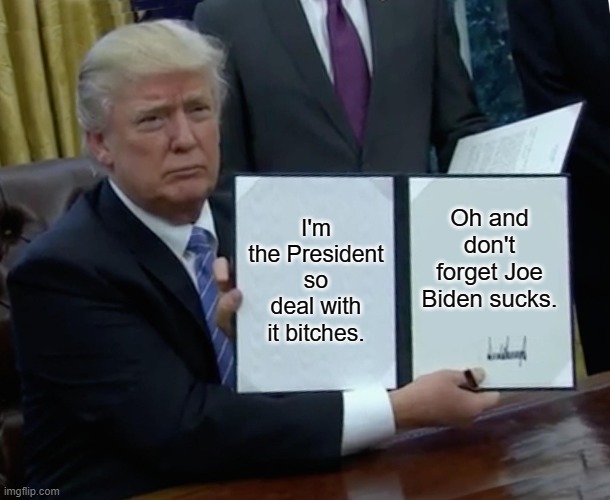 Trump Bill Signing Meme | I'm the President so deal with it bitches. Oh and don't forget Joe Biden sucks. | image tagged in memes,trump bill signing,lol so funny,politics | made w/ Imgflip meme maker