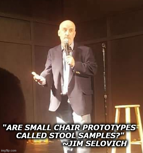 Jim Selovich | "ARE SMALL CHAIR PROTOTYPES 
CALLED STOOL SAMPLES?"
                    ~JIM SELOVICH | image tagged in stand up | made w/ Imgflip meme maker