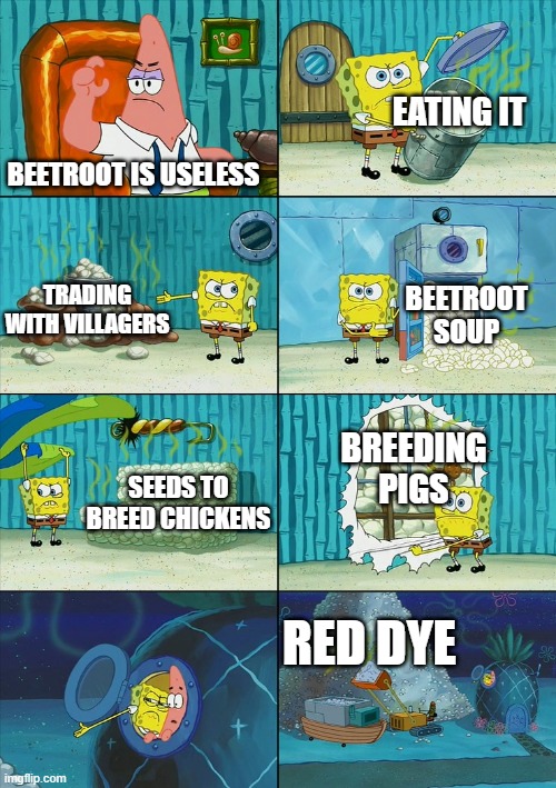 Spongebob shows Patrick Garbage | EATING IT; BEETROOT IS USELESS; TRADING WITH VILLAGERS; BEETROOT SOUP; BREEDING PIGS; SEEDS TO BREED CHICKENS; RED DYE | image tagged in spongebob shows patrick garbage | made w/ Imgflip meme maker