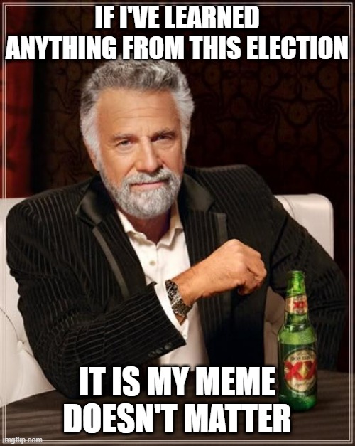 The Most Interesting Man In The World Meme | IF I'VE LEARNED ANYTHING FROM THIS ELECTION; IT IS MY MEME DOESN'T MATTER | image tagged in memes,the most interesting man in the world | made w/ Imgflip meme maker