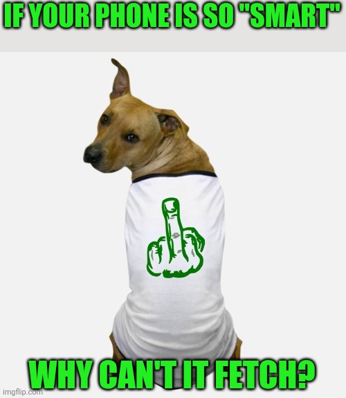Dogs versus Phones | IF YOUR PHONE IS SO "SMART"; WHY CAN'T IT FETCH? | image tagged in dog tshirt | made w/ Imgflip meme maker