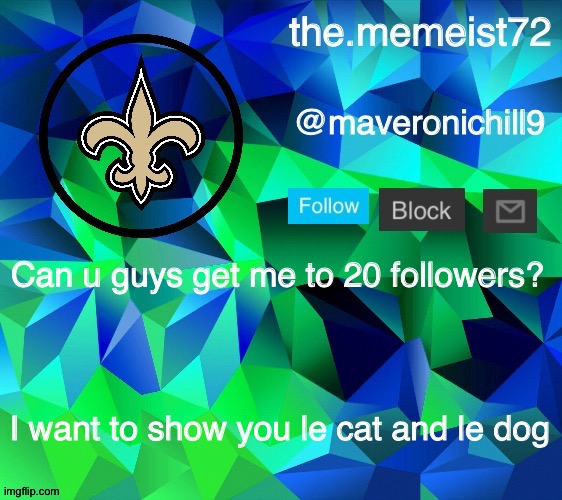 Plz | Can u guys get me to 20 followers? I want to show you le cat and le dog | image tagged in maveroni announcement | made w/ Imgflip meme maker