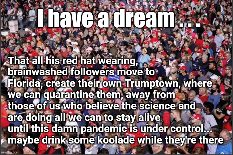 I have a dream... | That all his red hat wearing, brainwashed followers move to Florida, create their own Trumptown, where we can quarantine them, away from those of us who believe the science and are doing all we can to stay alive until this damn pandemic is under control... maybe drink some koolade while they're there; I have a dream . . . | image tagged in red hat brigade,pandemic,anti trump meme | made w/ Imgflip meme maker