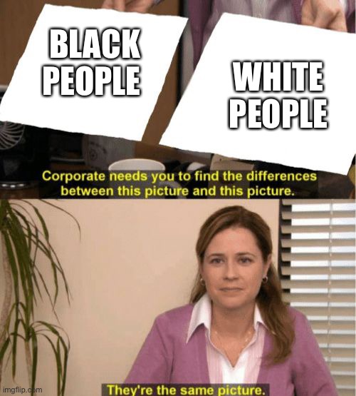 I see no diffrence | BLACK PEOPLE; WHITE PEOPLE | image tagged in i see no diffrence,no racism,black lives matter,memes | made w/ Imgflip meme maker