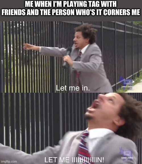 tag | ME WHEN I'M PLAYING TAG WITH FRIENDS AND THE PERSON WHO'S IT CORNERS ME | image tagged in let me in | made w/ Imgflip meme maker
