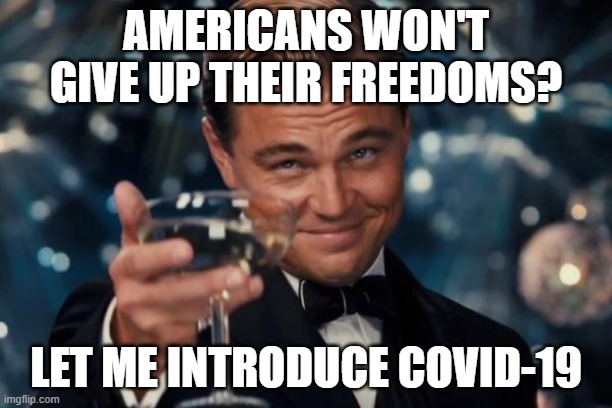 Leonardo Dicaprio Cheers | AMERICANS WON'T GIVE UP THEIR FREEDOMS? LET ME INTRODUCE COVID-19 | image tagged in memes,leonardo dicaprio cheers | made w/ Imgflip meme maker
