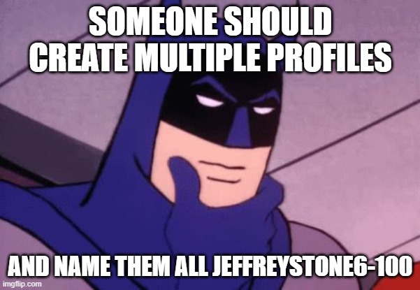 Or a bunch of users should collaborate on it. | SOMEONE SHOULD CREATE MULTIPLE PROFILES; AND NAME THEM ALL JEFFREYSTONE6-100 | image tagged in batman pondering,jeffreystone | made w/ Imgflip meme maker