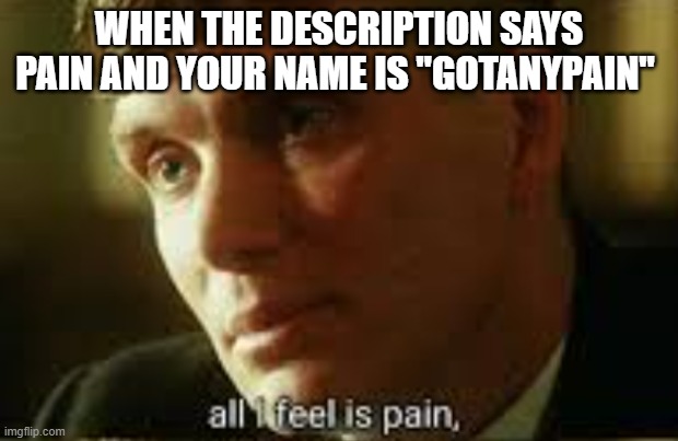 ... | WHEN THE DESCRIPTION SAYS PAIN AND YOUR NAME IS "GOTANYPAIN" | image tagged in pain,yes pain,no pain,i want pain,and i got pain | made w/ Imgflip meme maker