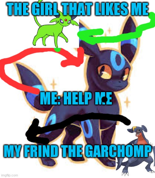 help shiny ubreon | THE GIRL THAT LIKES ME; ME: HELP ME; MY FRIND THE GARCHOMP | image tagged in pokemon | made w/ Imgflip meme maker