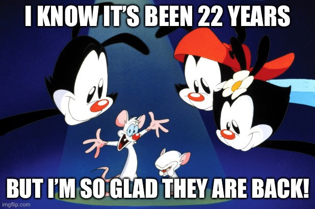 Pinky and the Brain Animaniacs | I KNOW IT’S BEEN 22 YEARS; BUT I’M SO GLAD THEY ARE BACK! | image tagged in pinky and the brain animaniacs,animaniacs | made w/ Imgflip meme maker