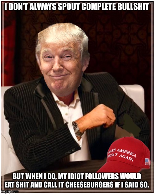Most Interesting President | I DON’T ALWAYS SPOUT COMPLETE BULLSHIT BUT WHEN I DO, MY IDIOT FOLLOWERS WOULD EAT SHIT AND CALL IT CHEESEBURGERS IF I SAID SO. | image tagged in most interesting president | made w/ Imgflip meme maker